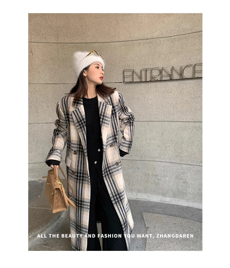 Double-breasted checkered trench coat, wool-blend tweed long coat designer winter falls coat formal smart casual office coat outdoors duster