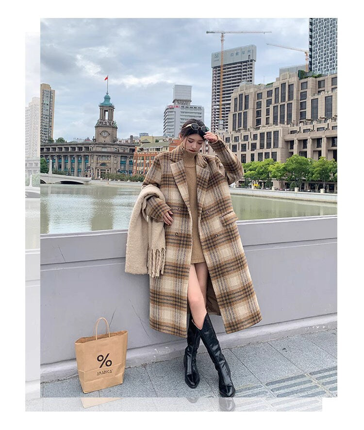 Double-breasted checkered trench coat, wool-blend tweed long coat designer winter falls coat formal smart casual office coat outdoors duster