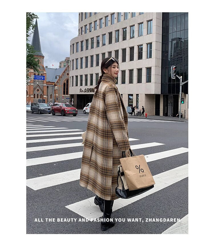 Double-breasted checkered trench coat, wool-blend tweed long coat designer winter falls coat formal smart casual office coat outdoors duster