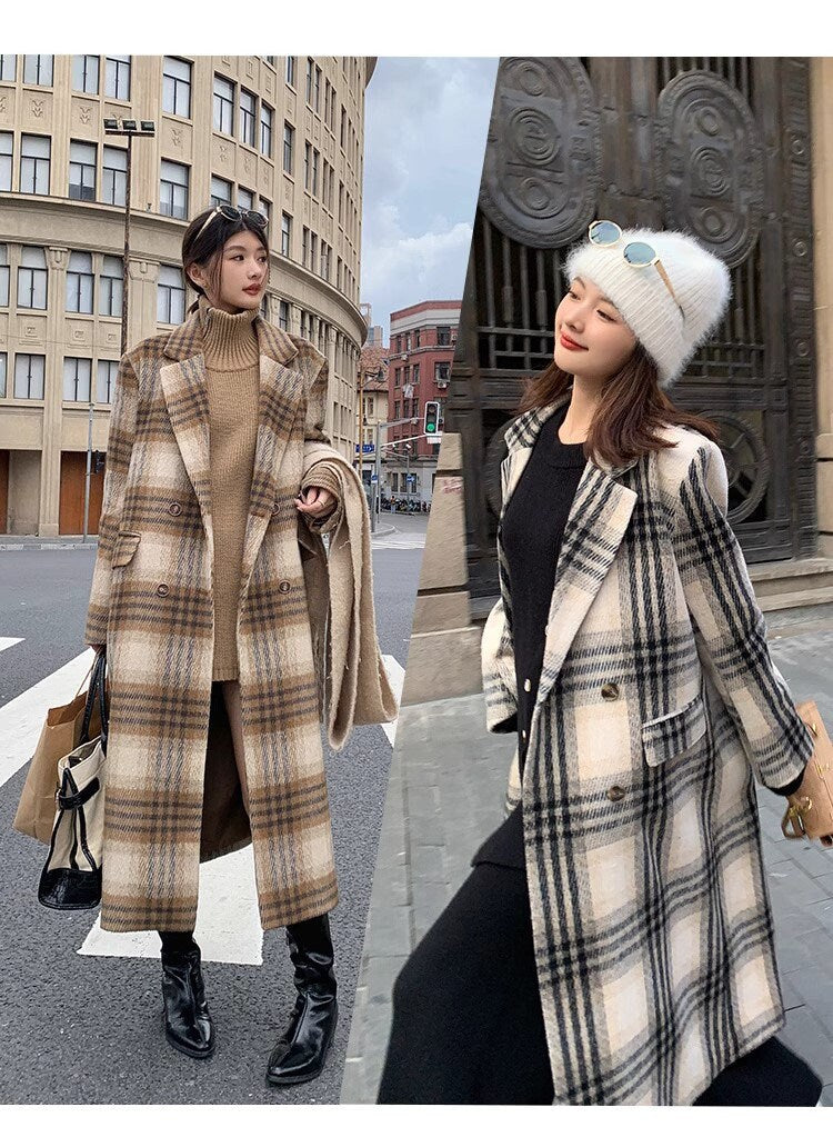 Double-breasted checkered trench coat, wool-blend tweed long coat designer winter falls coat formal smart casual office coat outdoors duster