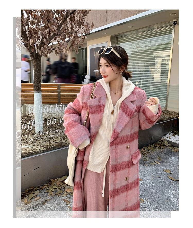 Double-breasted checkered pink trench coat, wool-blend tweed long coat designer winter coat formal smart casual office coat outdoors duster