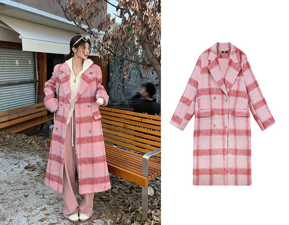 Double-breasted checkered pink trench coat, wool-blend tweed long coat designer winter coat formal smart casual office coat outdoors duster