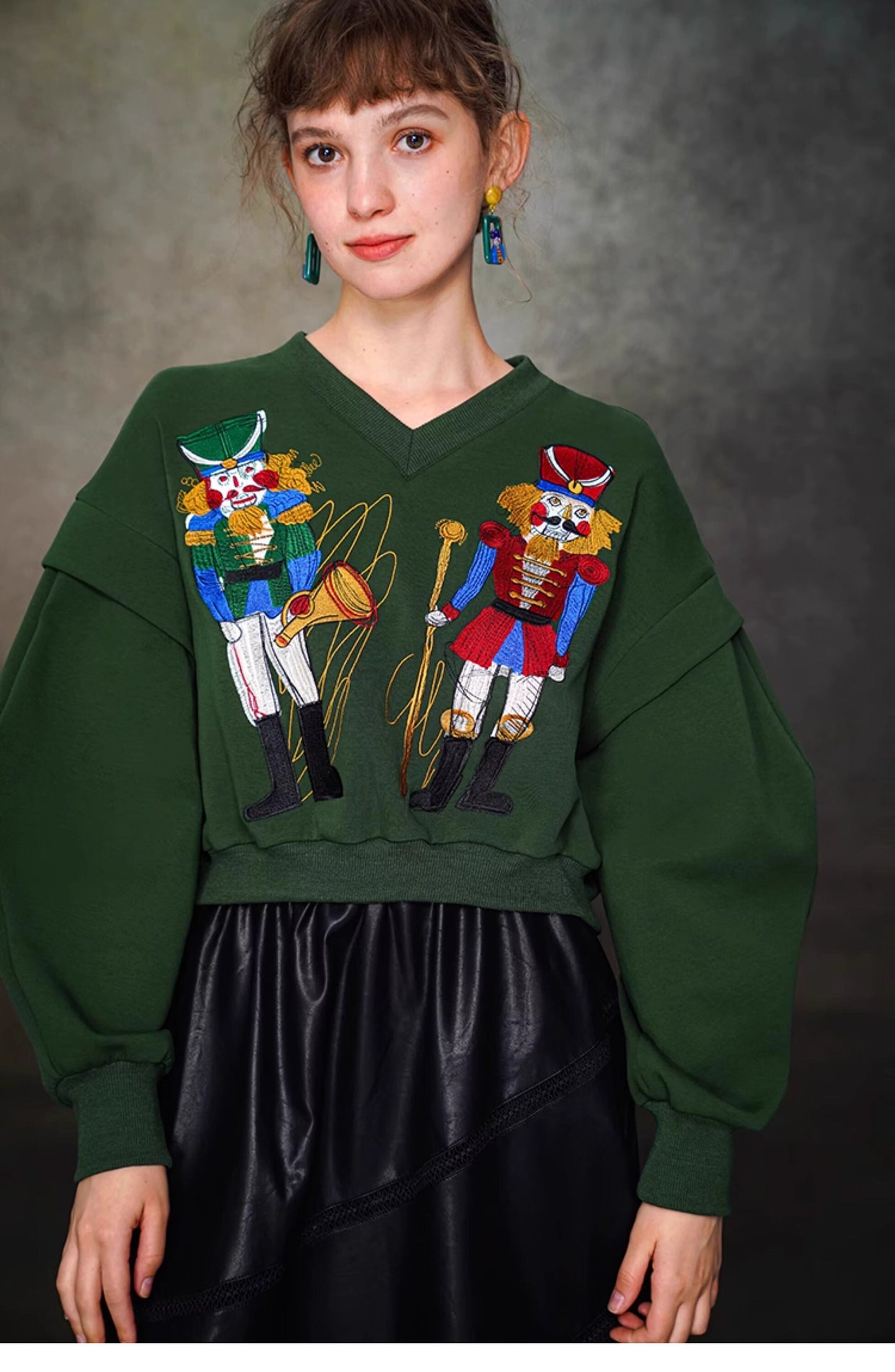 Artistic sweater with nutcrackers embroidery v neck designer woman sweater smart casual formal office party all seasons gift