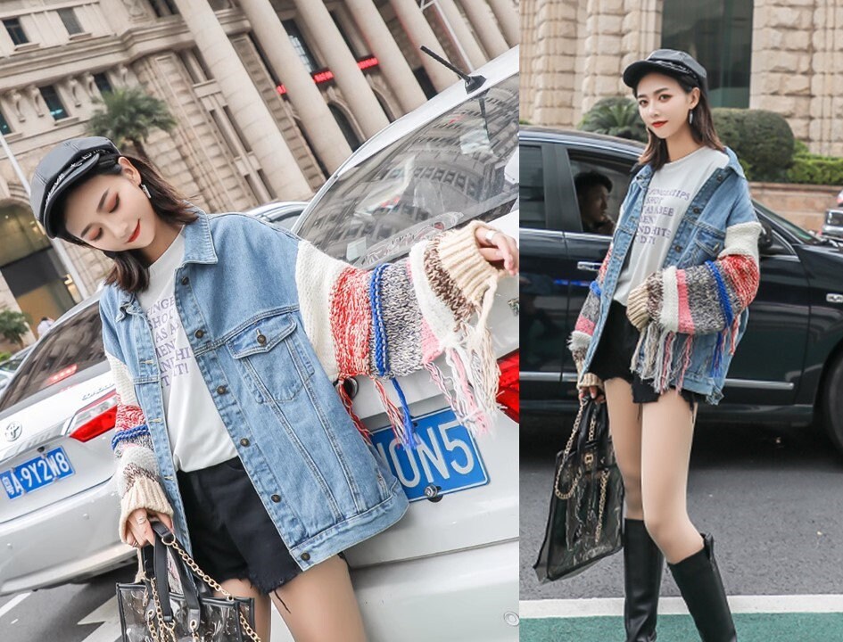 Colorful fringed sleeves denim jacket, designer woman casual street wear jacket smart casual party outdoors everyday jacket knit wear jacket