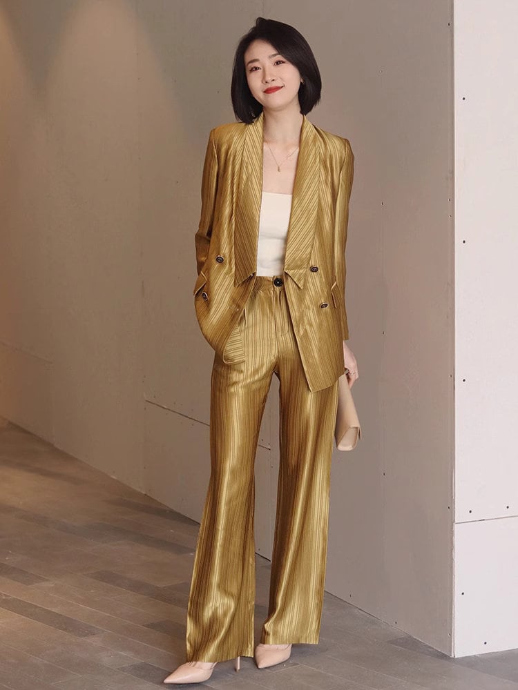 Golden acetate pantsuits, designer woman thin layer suit set formal blazer + pants suit slim cut wedding party office event party