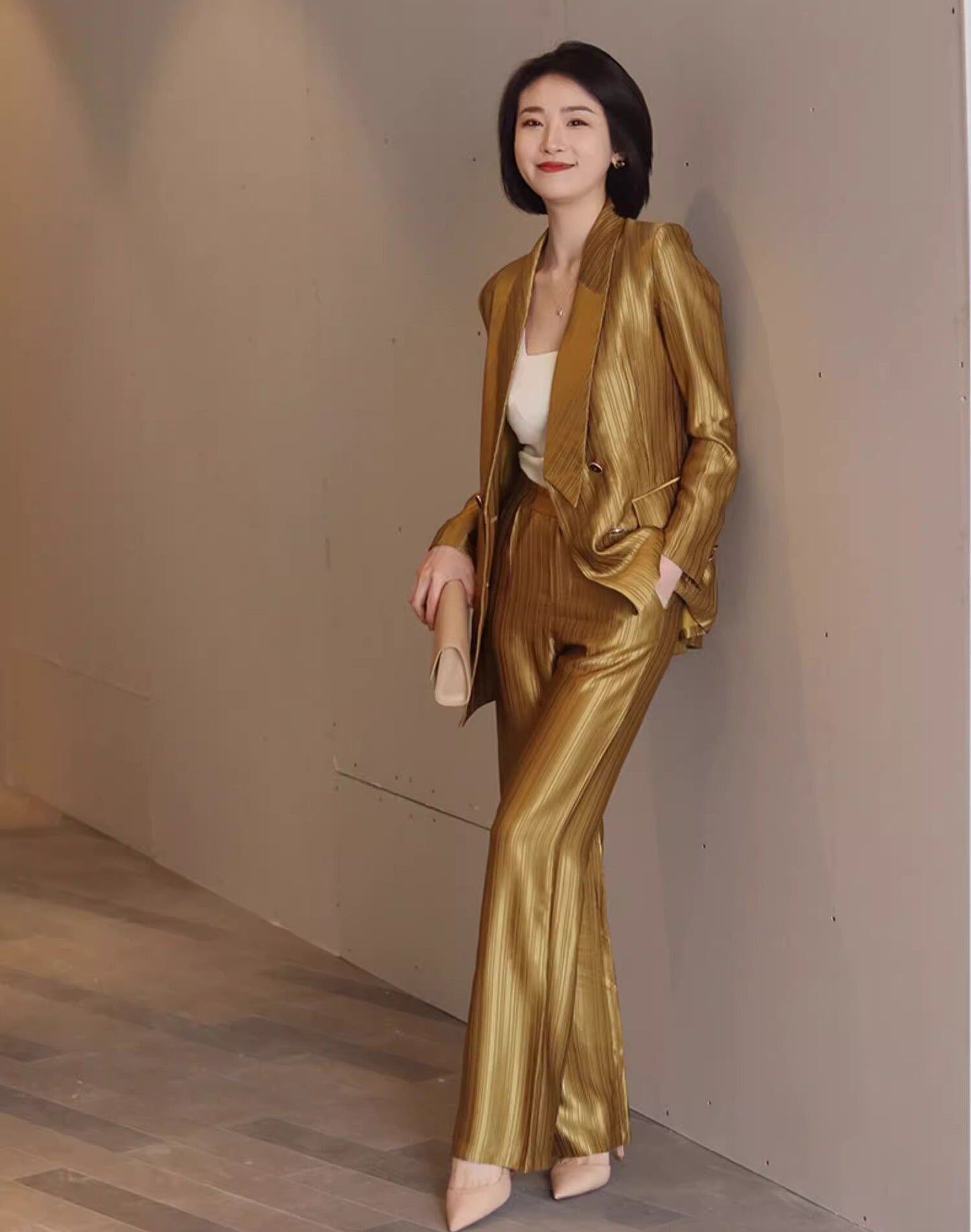 Golden acetate pantsuits, designer woman thin layer suit set formal blazer + pants suit slim cut wedding party office event party