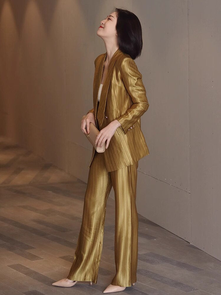 Golden acetate pantsuits, designer woman thin layer suit set formal blazer + pants suit slim cut wedding party office event party