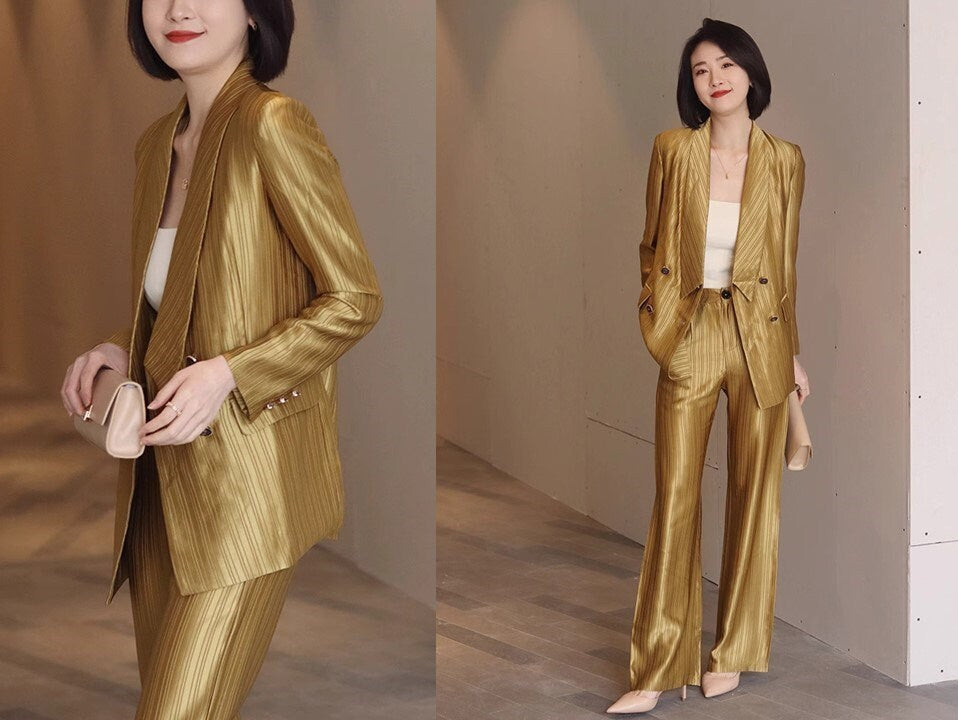 Golden acetate pantsuits, designer woman thin layer suit set formal blazer + pants suit slim cut wedding party office event party