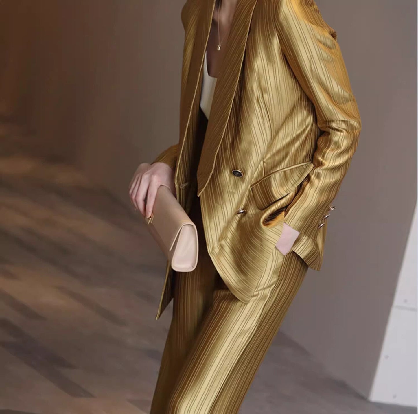 Golden acetate pantsuits, designer woman thin layer suit set formal blazer + pants suit slim cut wedding party office event party