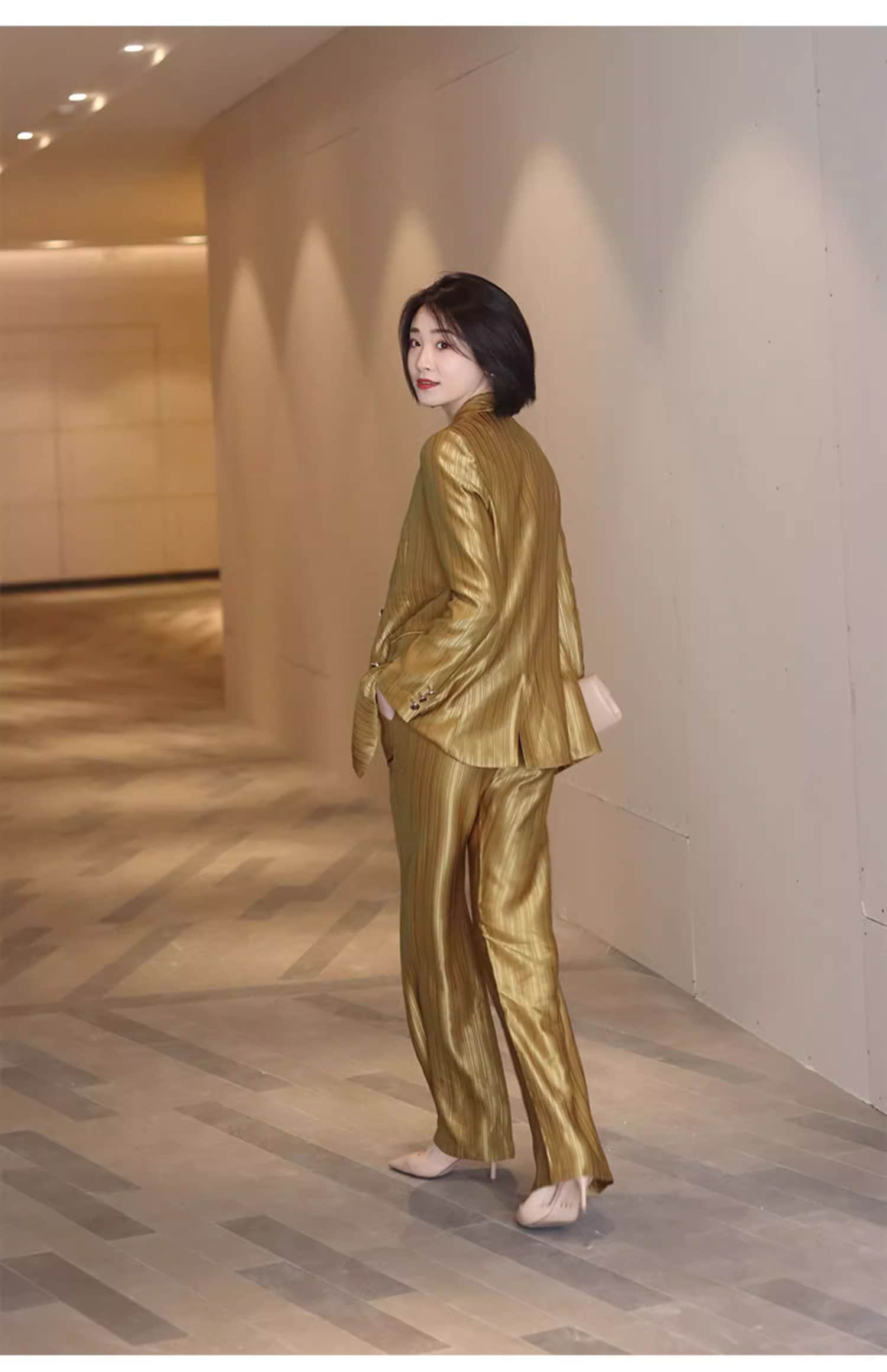 Golden acetate pantsuits, designer woman thin layer suit set formal blazer + pants suit slim cut wedding party office event party