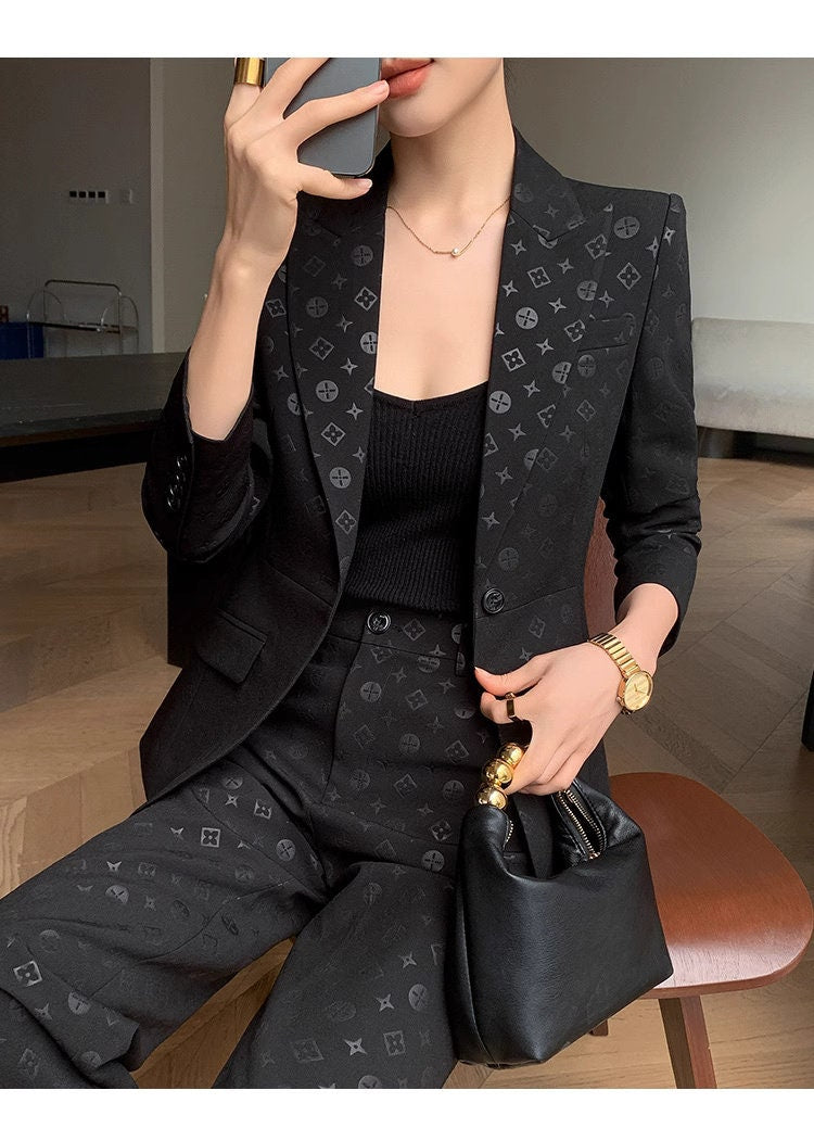 Black subtle pattern pantsuit, designer woman deluxe suit set slim cut blazer + pants suit formal office party event suit