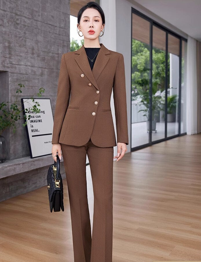 Coffee brown/ khaki/ black pantsuit in various colors, designer women blazer + pants solid color formal suit set formal office wedding