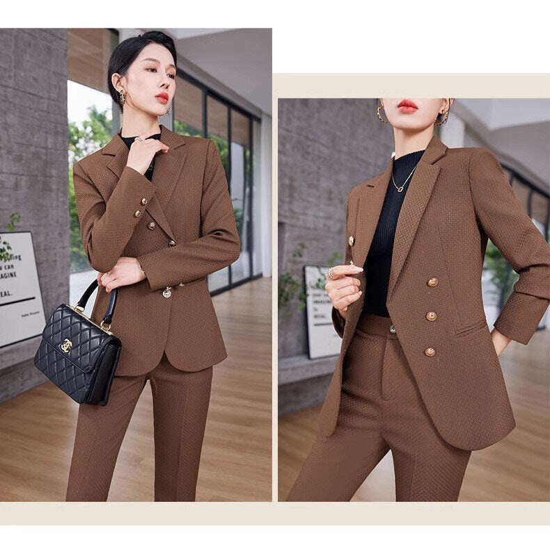 Coffee brown/ khaki/ black pantsuit in various colors, designer women blazer + pants solid color formal suit set formal office wedding