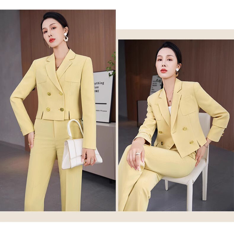 Yellow/ White/ Black Trendy Pantsuit, Designer Women sleeved short Suit Jacket + Pants, Smart Causal/ Formal/ Party Event/ Prom Wedding