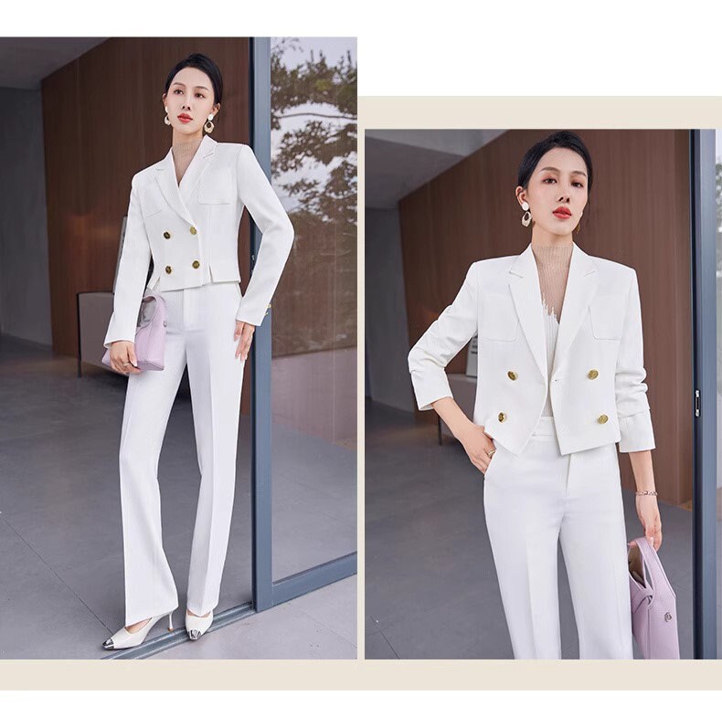 Yellow/ White/ Black Trendy Pantsuit, Designer Women sleeved short Suit Jacket + Pants, Smart Causal/ Formal/ Party Event/ Prom Wedding