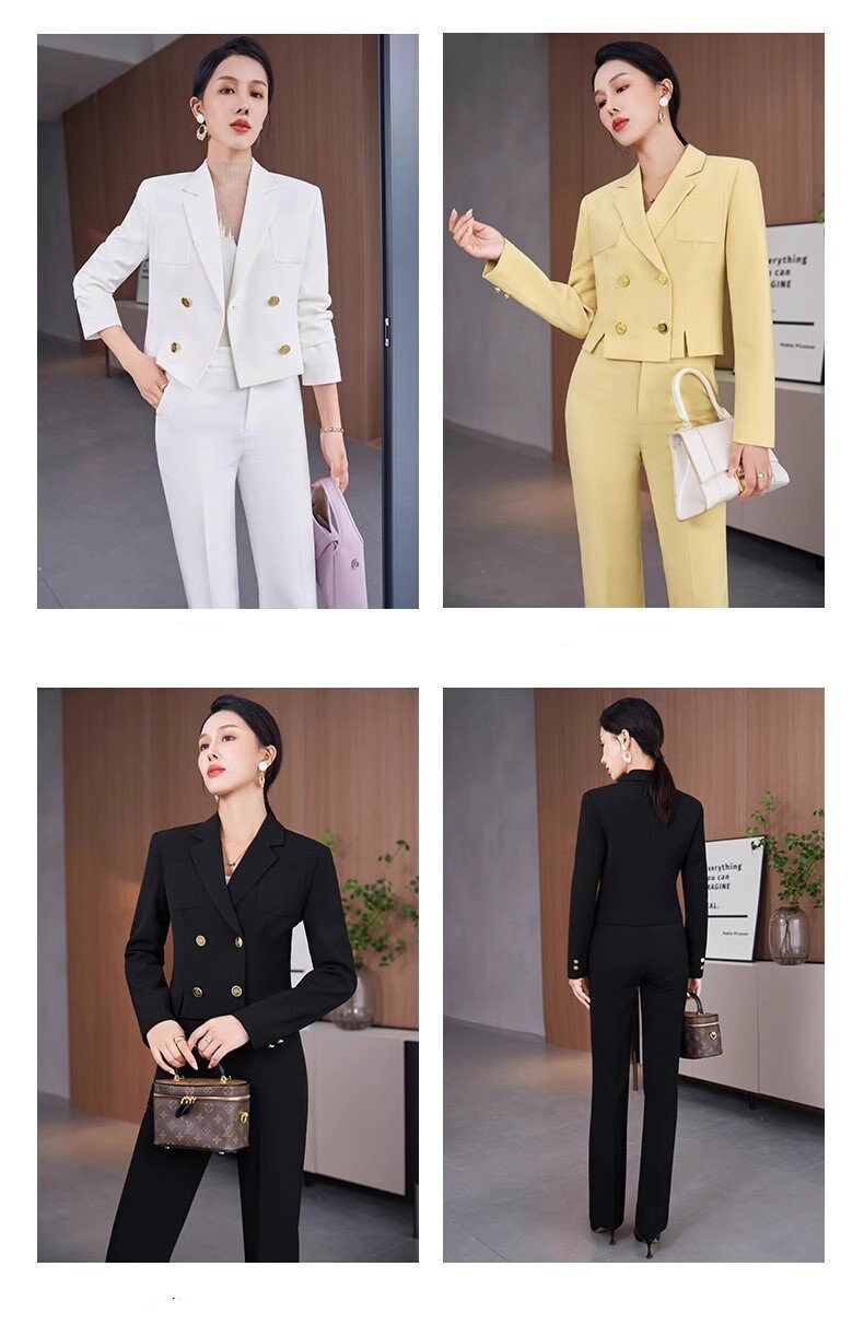 Yellow/ White/ Black Trendy Pantsuit, Designer Women sleeved short Suit Jacket + Pants, Smart Causal/ Formal/ Party Event/ Prom Wedding