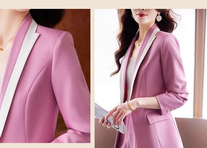 Pink/ Purple/ Black Trendy Pantsuit, Designer Women slim cut Suit Jacket + Pants, Smart Causal/ Formal/ Party Event/ Prom Wedding/Gif