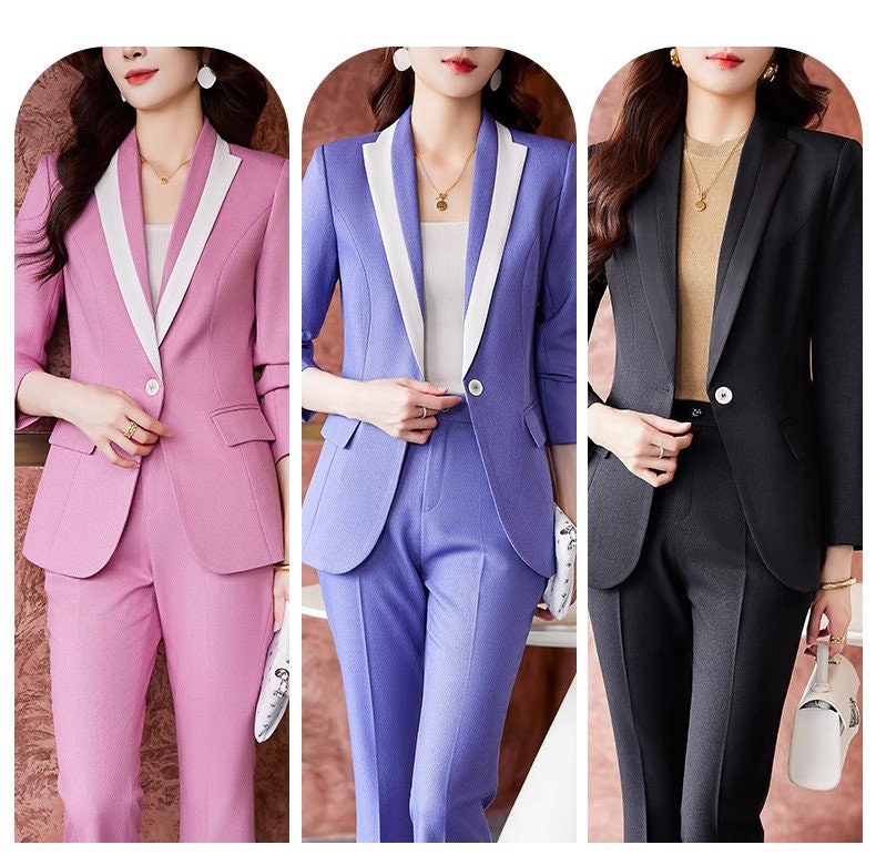 Pink/ Purple/ Black Trendy Pantsuit, Designer Women slim cut Suit Jacket + Pants, Smart Causal/ Formal/ Party Event/ Prom Wedding/Gif