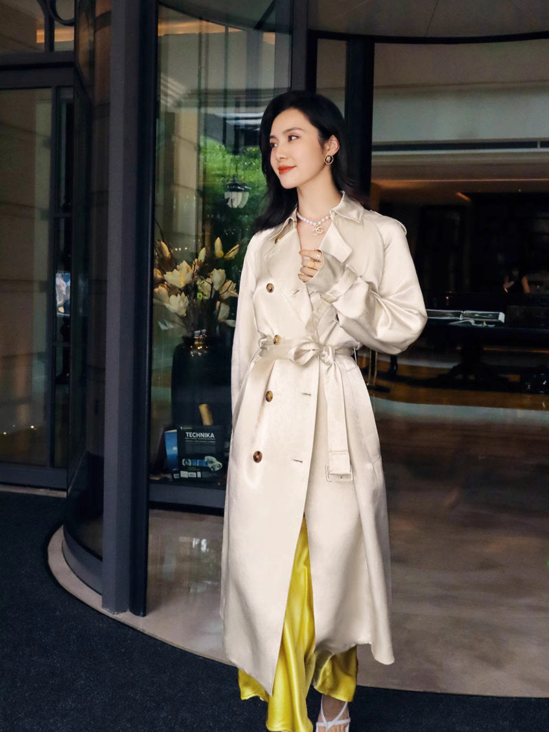 Light gold color bling trench coat, designer woman shiny long coat slim cut, casual/ outdoors wear/ office wear/wedding event party/ gift