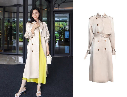 Light gold color bling trench coat, designer woman shiny long coat slim cut, casual/ outdoors wear/ office wear/wedding event party/ gift