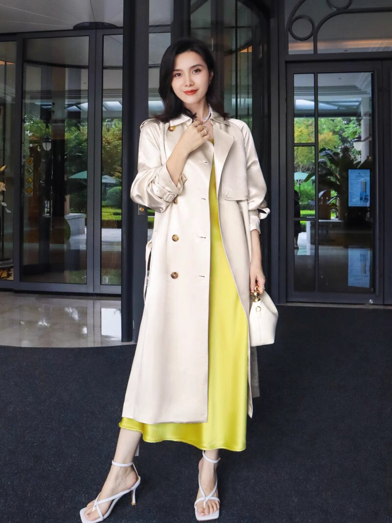 Light gold color bling trench coat, designer woman shiny long coat slim cut, casual/ outdoors wear/ office wear/wedding event party/ gift