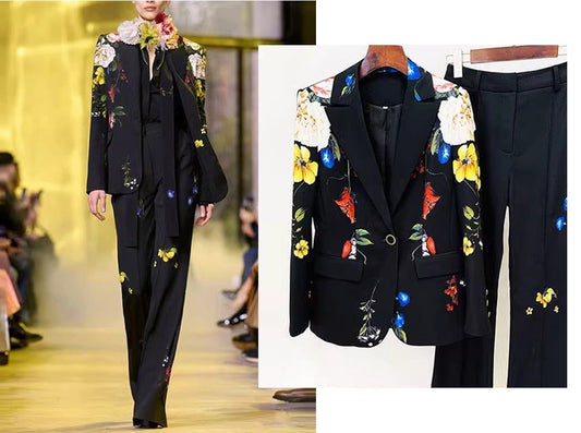 Floral print pantsuit, designer woman slight boot legs pants + blazer formal suit set for party wedding office event tuxedo suit