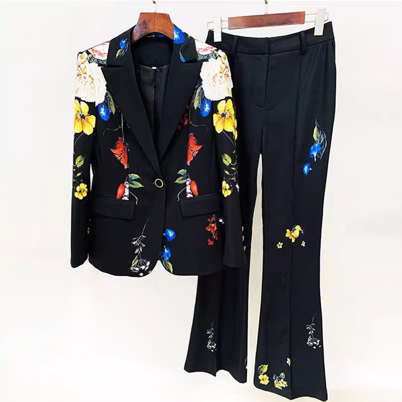 Floral print pantsuit, designer woman slight boot legs pants + blazer formal suit set for party wedding office event tuxedo suit