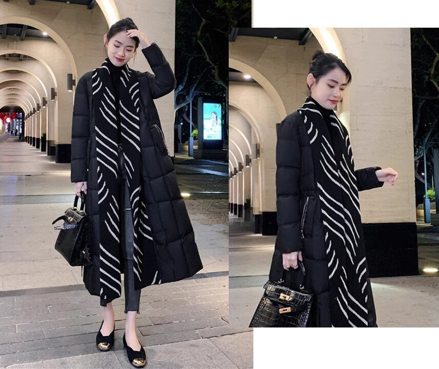 Black down filled long jacket, designer woman puffer cropped coat pattern collar winter long coat outdoors wear party wedding trench coat