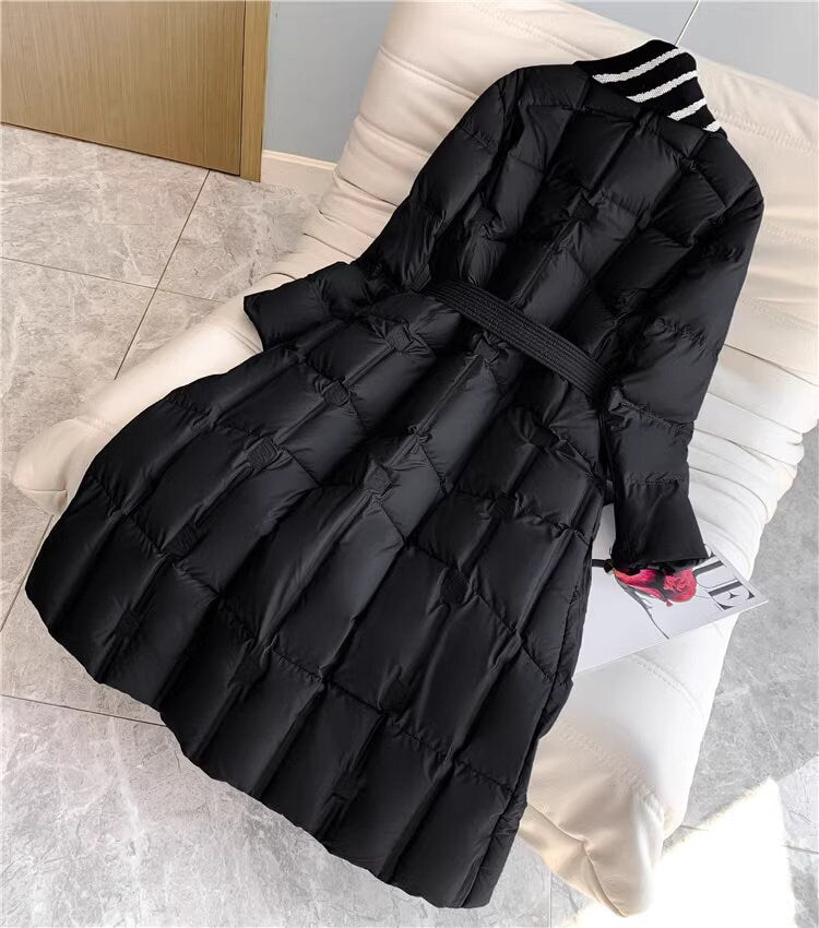 Black down filled long jacket, designer woman puffer cropped coat pattern collar winter long coat outdoors wear party wedding trench coat