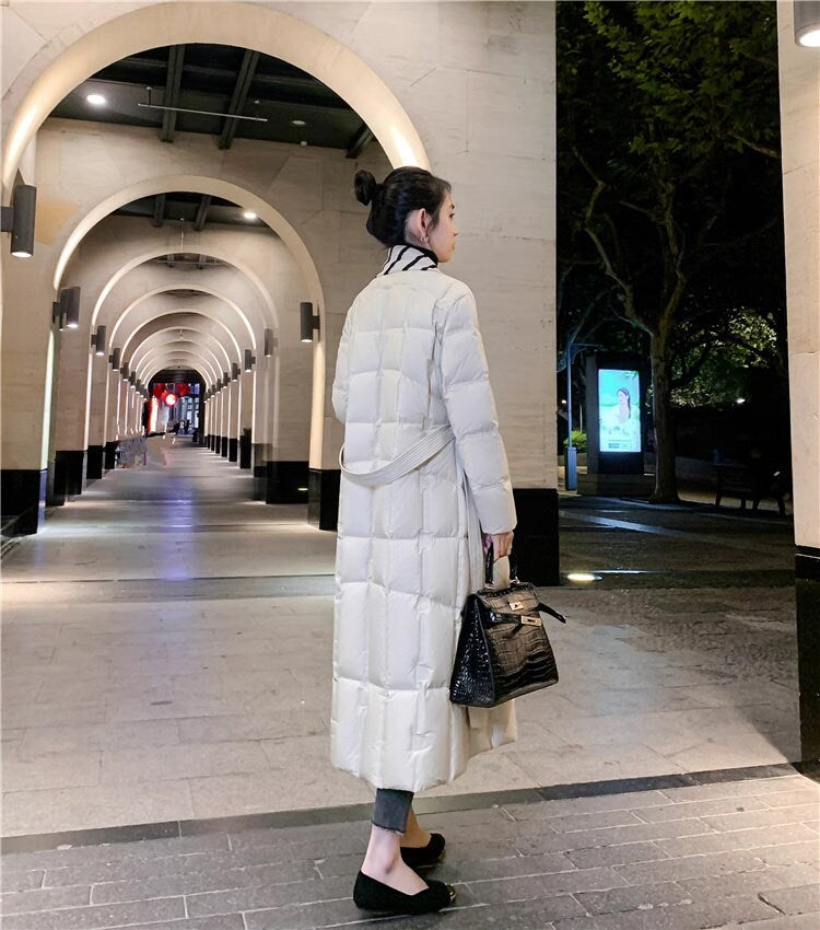 White down filled long jacket, designer woman puffer cropped coat pattern collar winter long coat outdoors wear party wedding trench coat