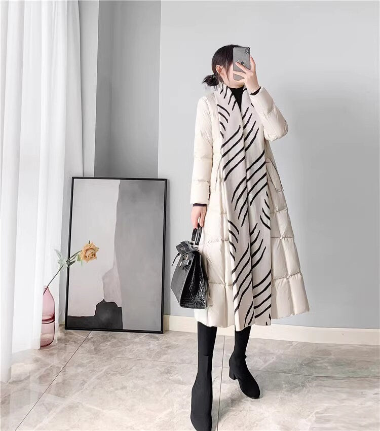 White down filled long jacket, designer woman puffer cropped coat pattern collar winter long coat outdoors wear party wedding trench coat