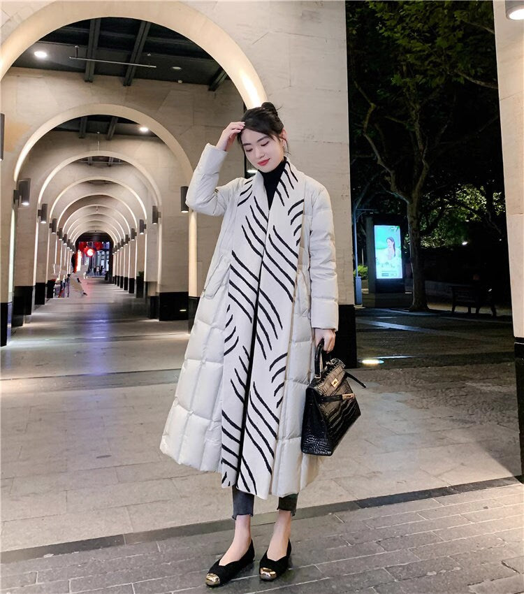 White down filled long jacket, designer woman puffer cropped coat pattern collar winter long coat outdoors wear party wedding trench coat