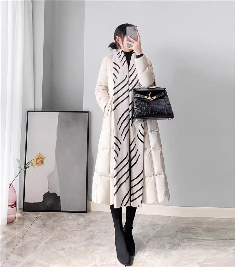 White down filled long jacket, designer woman puffer cropped coat pattern collar winter long coat outdoors wear party wedding trench coat