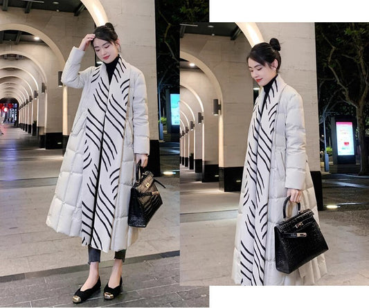 White down filled long jacket, designer woman puffer cropped coat pattern collar winter long coat outdoors wear party wedding trench coat