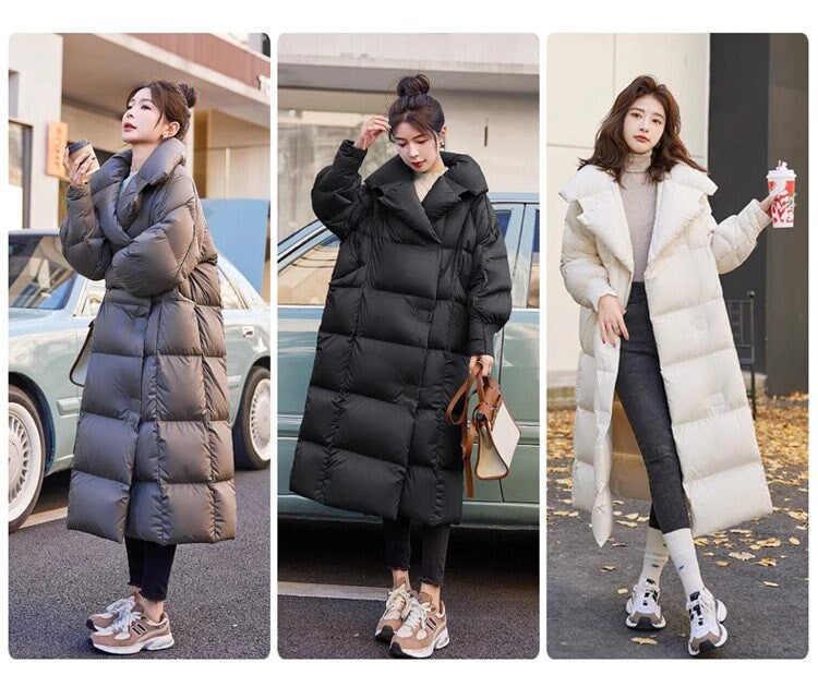 Black/ brown/ white down filled long jacket, designer woman puffer cropped coat magnet button winter long coat outdoors wear trench coat