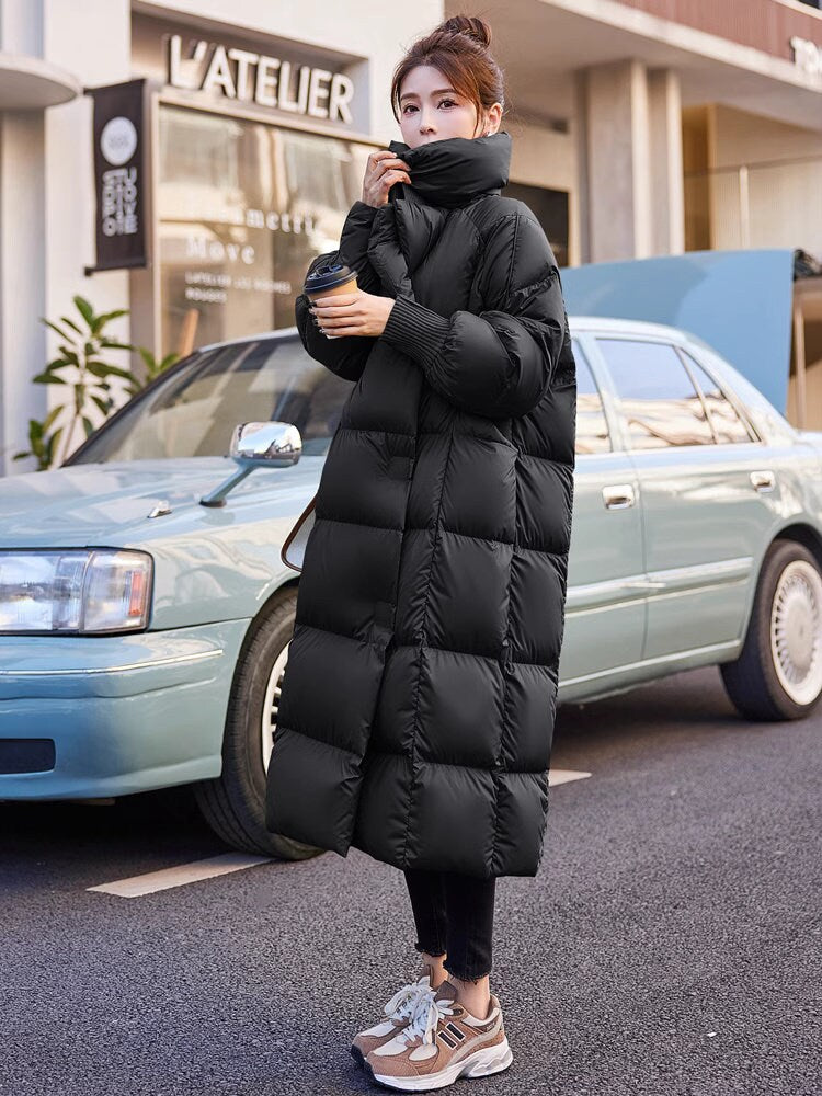 Black/ brown/ white down filled long jacket, designer woman puffer cropped coat magnet button winter long coat outdoors wear trench coat