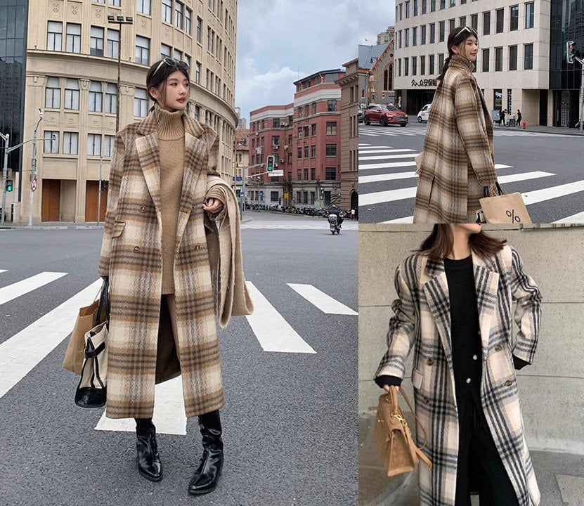 Double-breasted checkered trench coat, wool-blend tweed long coat designer winter falls coat formal smart casual office coat outdoors duster