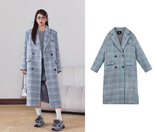 Double-breasted checkered blue trench coat, wool-blend tweed long coat designer winter coat formal smart casual office coat outdoors duster