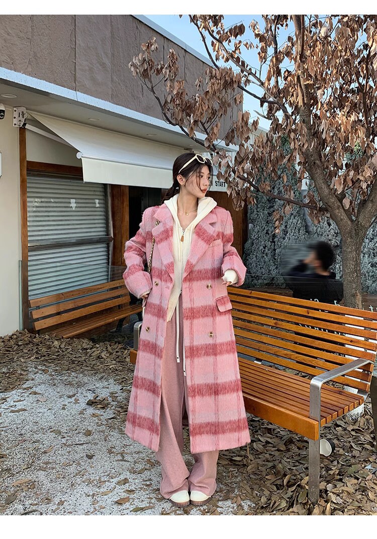 Double-breasted checkered pink trench coat, wool-blend tweed long coat designer winter coat formal smart casual office coat outdoors duster