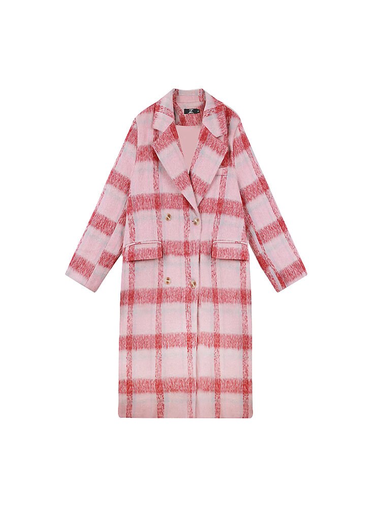 Double-breasted checkered pink trench coat, wool-blend tweed long coat designer winter coat formal smart casual office coat outdoors duster