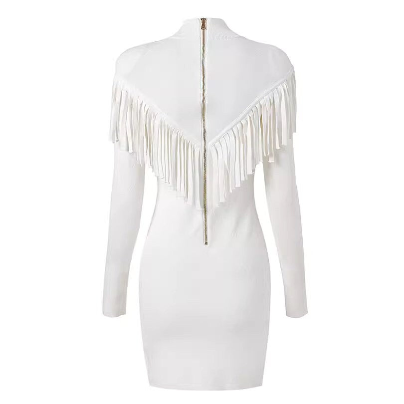 Women elegant fringed dress, designer sleeved mini dress mock neck deluxe white dress for wedding, party, prom, office or gift