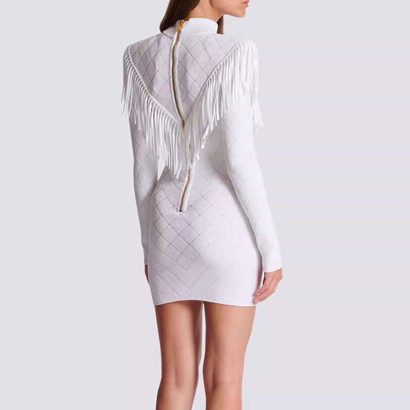 Women elegant fringed dress, designer sleeved mini dress mock neck deluxe white dress for wedding, party, prom, office or gift