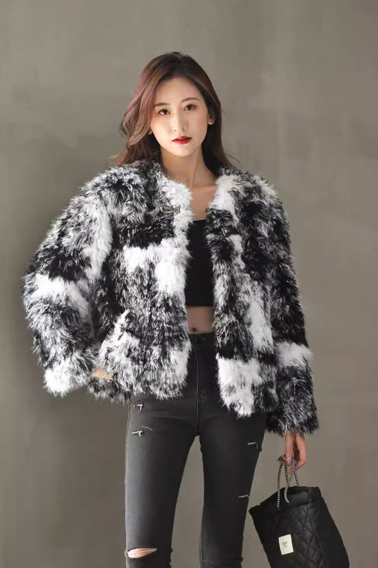 Fluffy furry faux fur jacket coat black and white tie dye rave punk goth cozy plur top party clubwear unique designer winter jacket