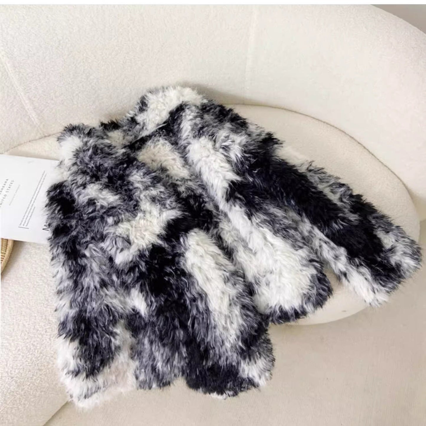 Fluffy furry faux fur jacket coat black and white tie dye rave punk goth cozy plur top party clubwear unique designer winter jacket