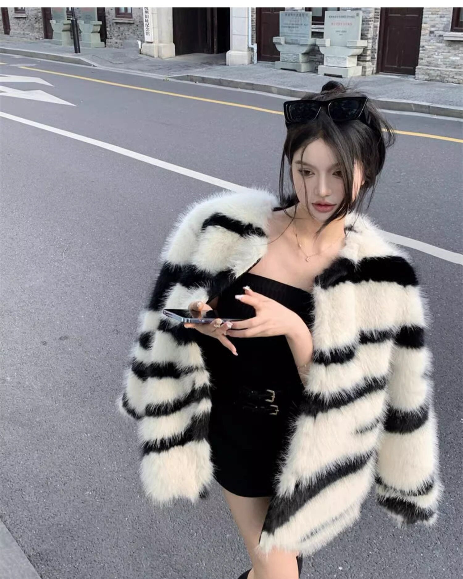 Fluffy furry faux fur jacket coat zebra pattern rave punk goth cozy plur top party clubwear unique designer winter jacket