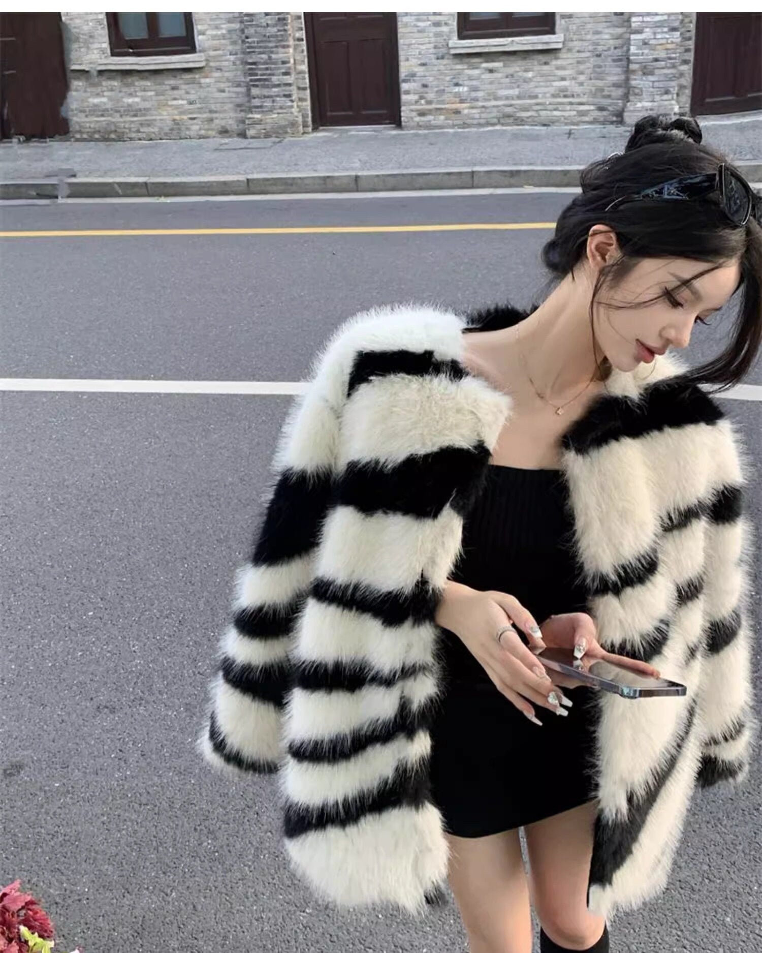 Fluffy furry faux fur jacket coat zebra pattern rave punk goth cozy plur top party clubwear unique designer winter jacket