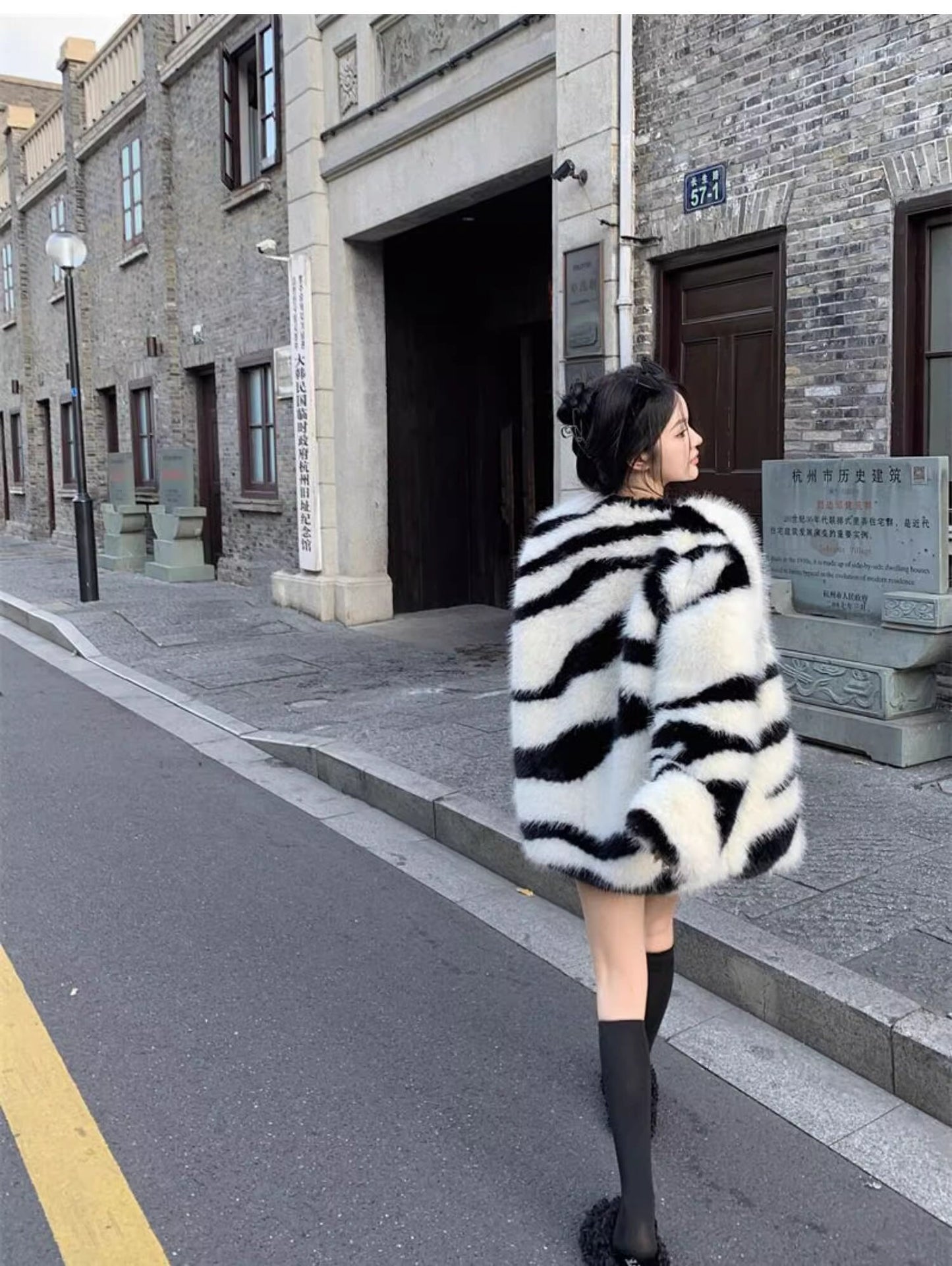 Fluffy furry faux fur jacket coat zebra pattern rave punk goth cozy plur top party clubwear unique designer winter jacket