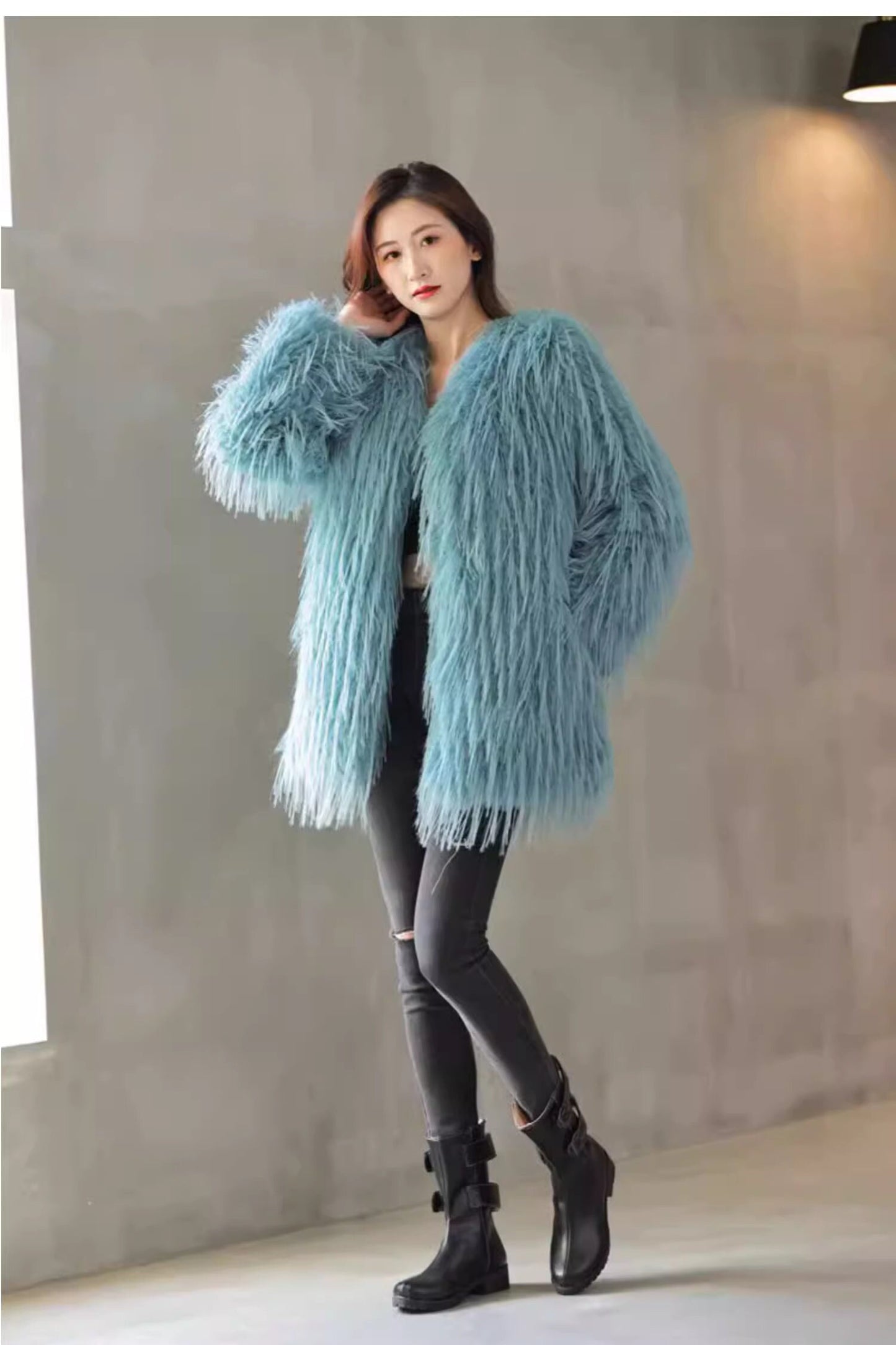 Fluffy furry faux fur jacket coat solid colored rave punk goth cozy plur top party clubwear unique designer winter jacket