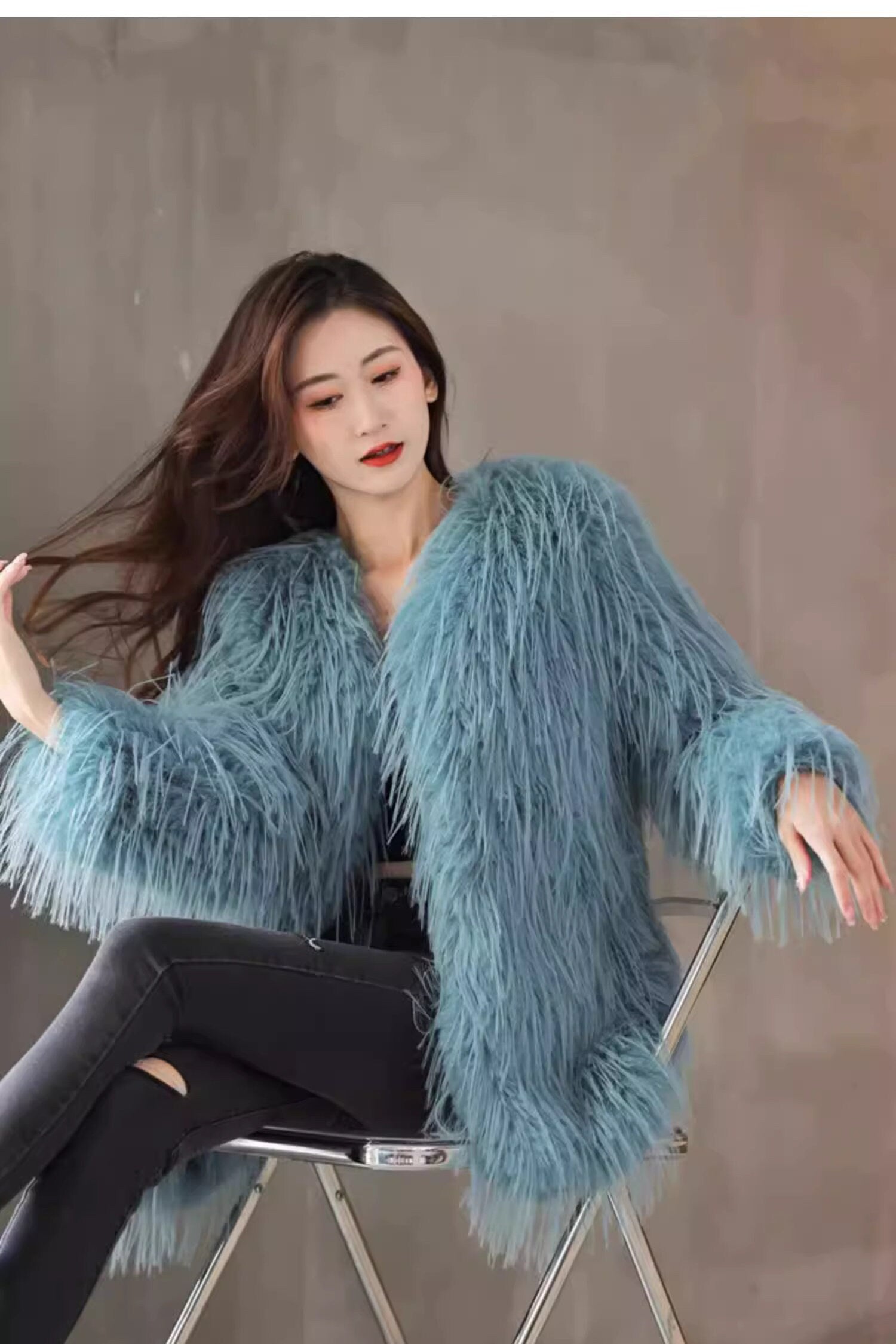 Fluffy furry faux fur jacket coat solid colored rave punk goth cozy plur top party clubwear unique designer winter jacket