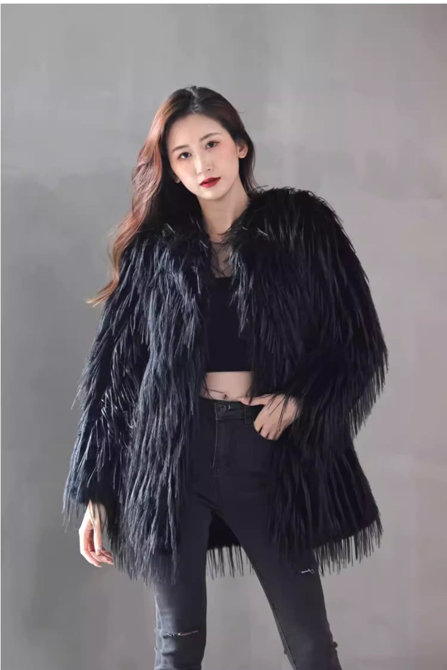 Fluffy furry faux fur jacket coat solid colored rave punk goth cozy plur top party clubwear unique designer winter jacket